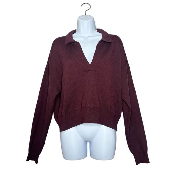 Wilfred Aritzia Clara Merino Wool Waist Sweater Burgundy Collared Knit Size L - Picture 11 of 11